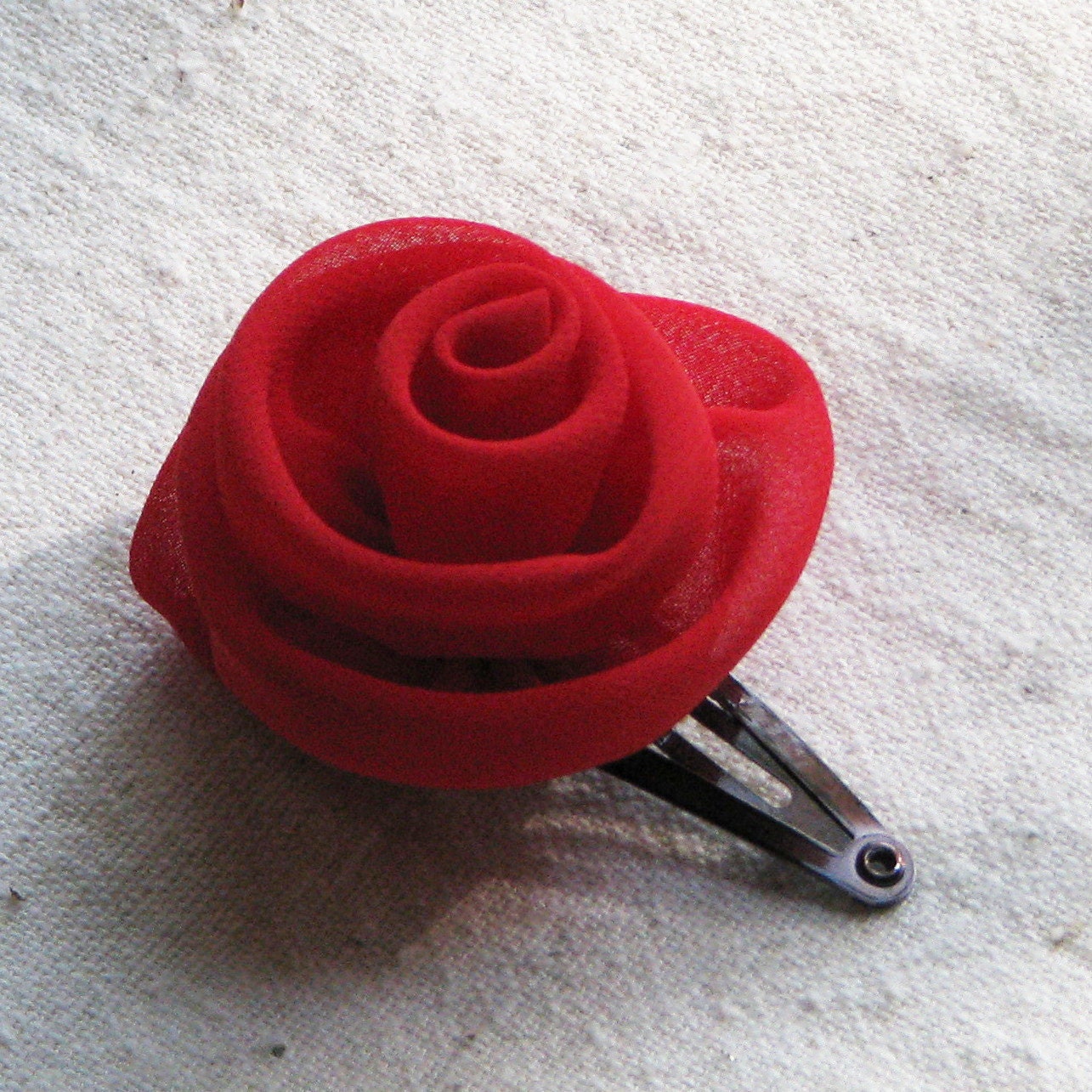 Red rose hair clip, in bright red chiffon fabric, small