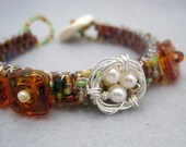 Beaded Cuff Bracelet - Skinny Wrapped - Nest Earth Tones Brown Green Lampwork by randomcreative on Etsy