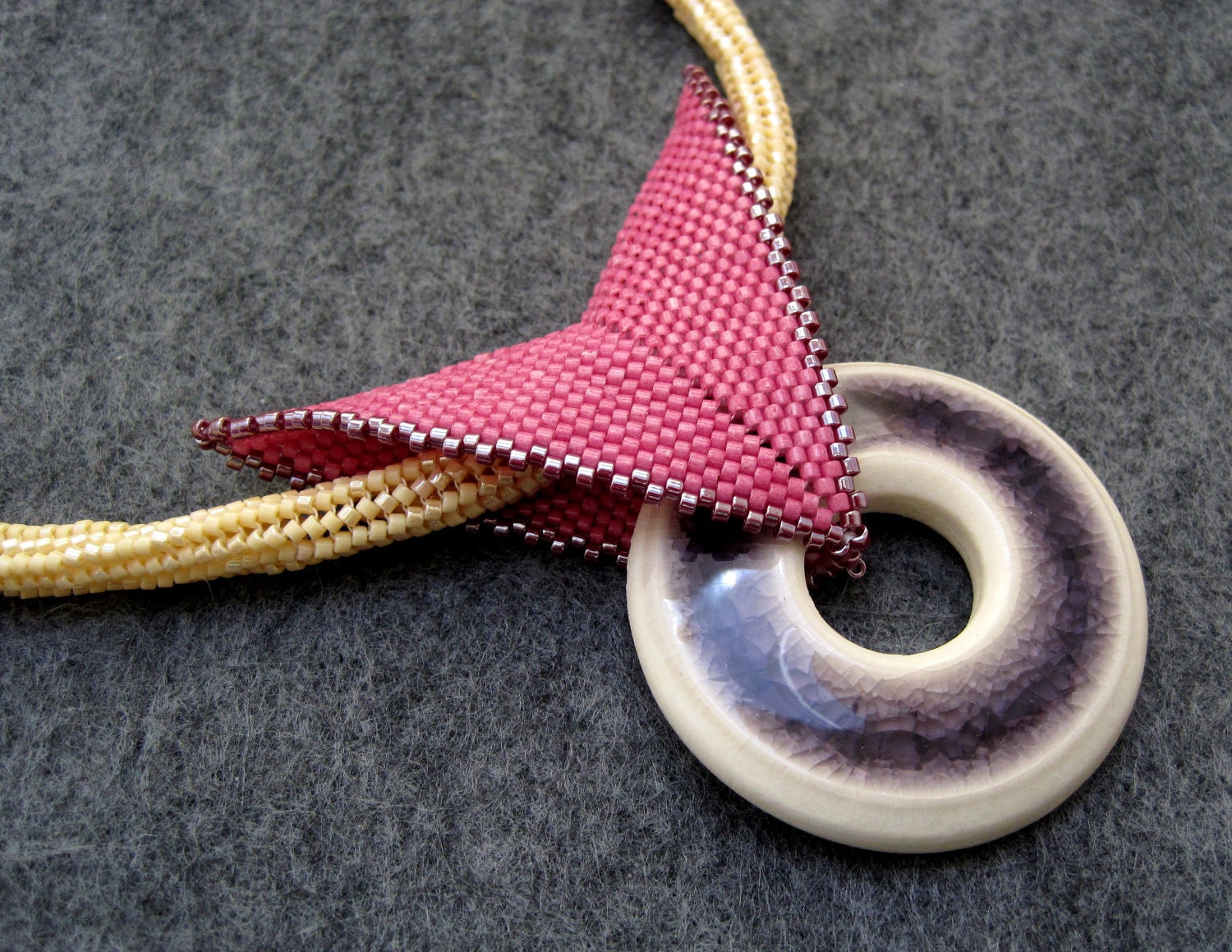 Beaded Necklace with Ceramic Focal - When Purple Meets Champagne by randomcreative on Etsy