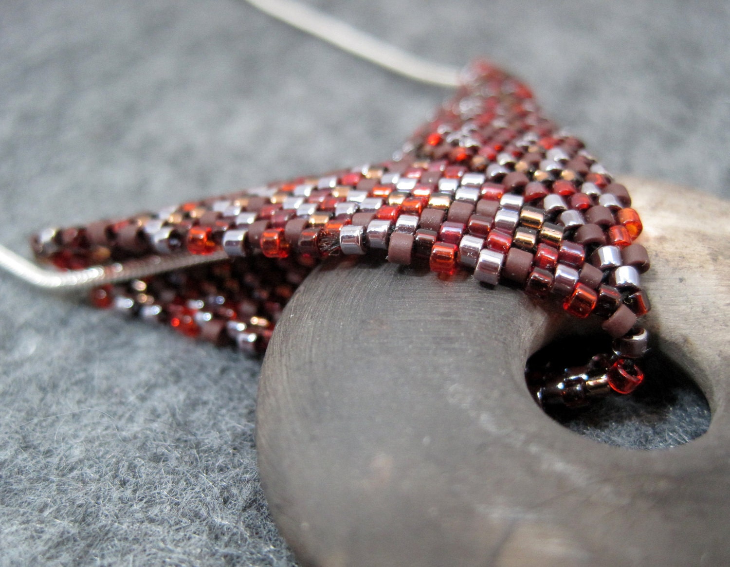 AS SEEN IN Beaded Necklace - Ceramic Charcoal Gray Donut Focal - Maroon Dark Red Brown by randomcreative on Etsy