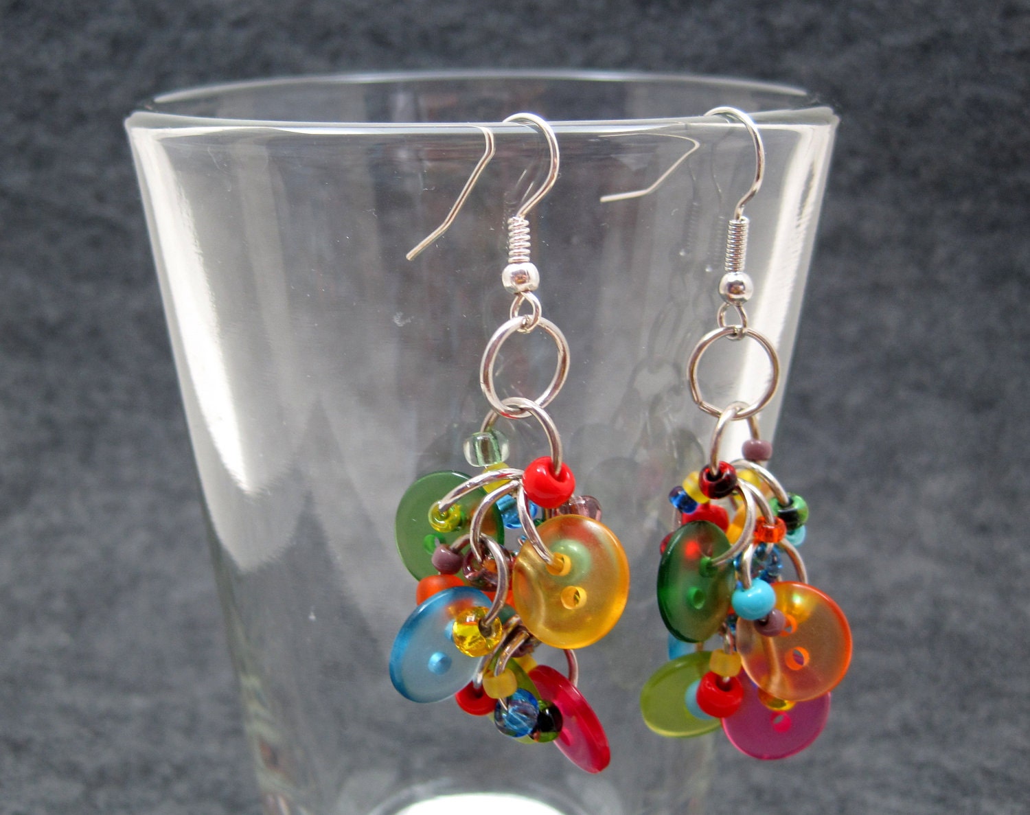 Button Dangle Earrings - Bright Colorful Multicolored Rainbow by randomcreative on Etsy