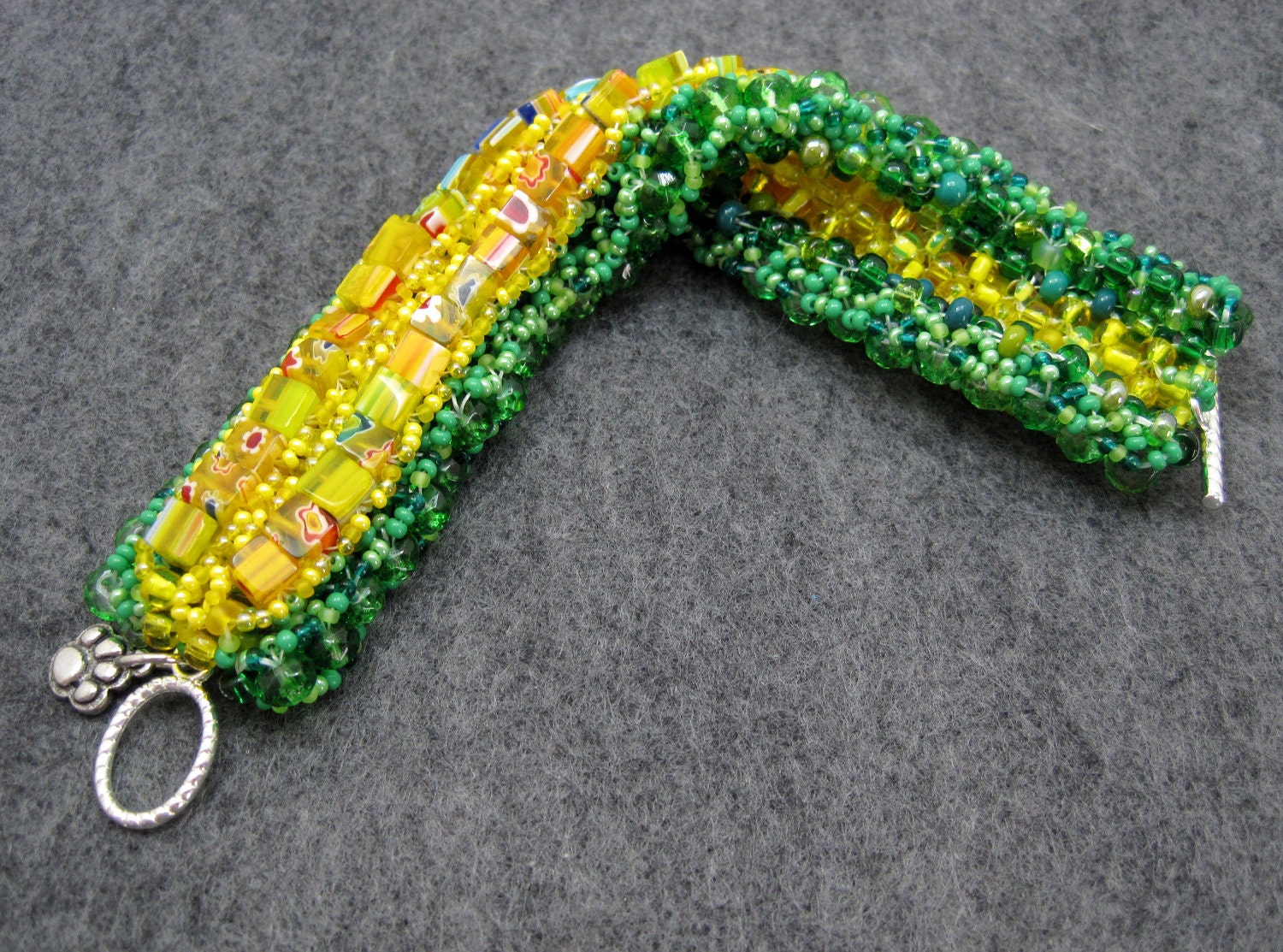 Beaded Cuff Bracelet - Lion on the Yellow Brick Road Yellow Green Statement Jewelry by randomcreative on Etsy