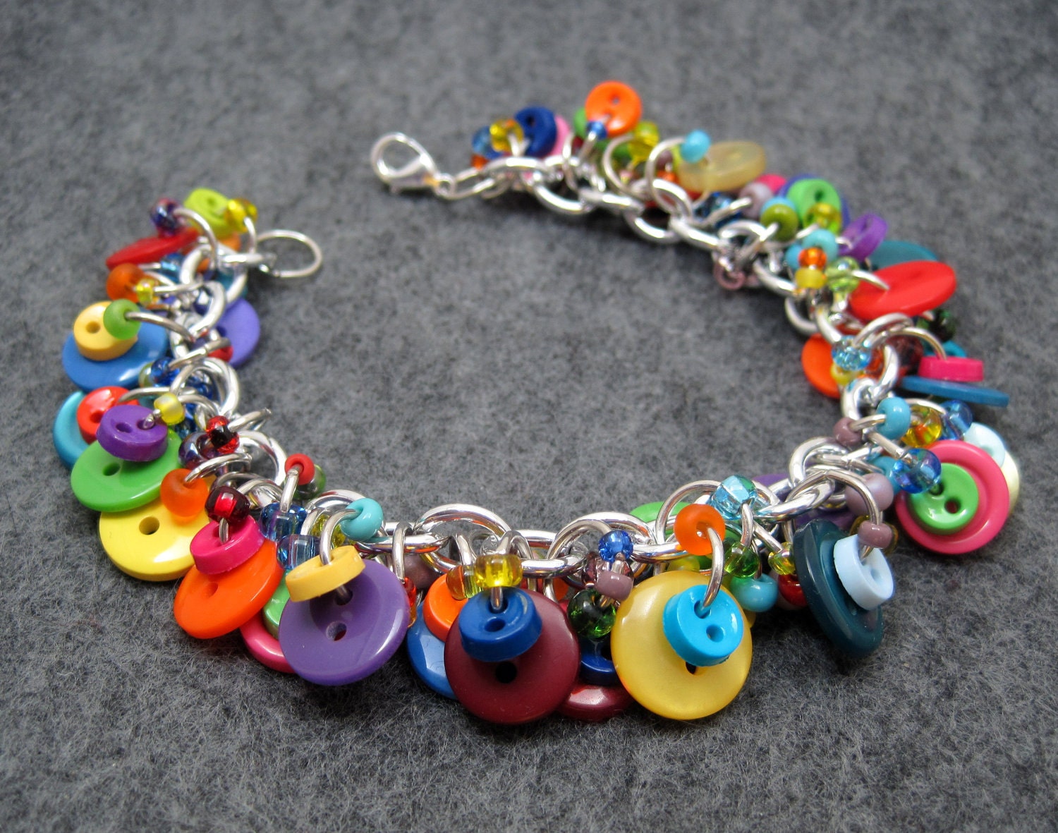 Button Charm Bracelet - Bright Colorful Multicolored Rainbow by randomcreative on Etsy