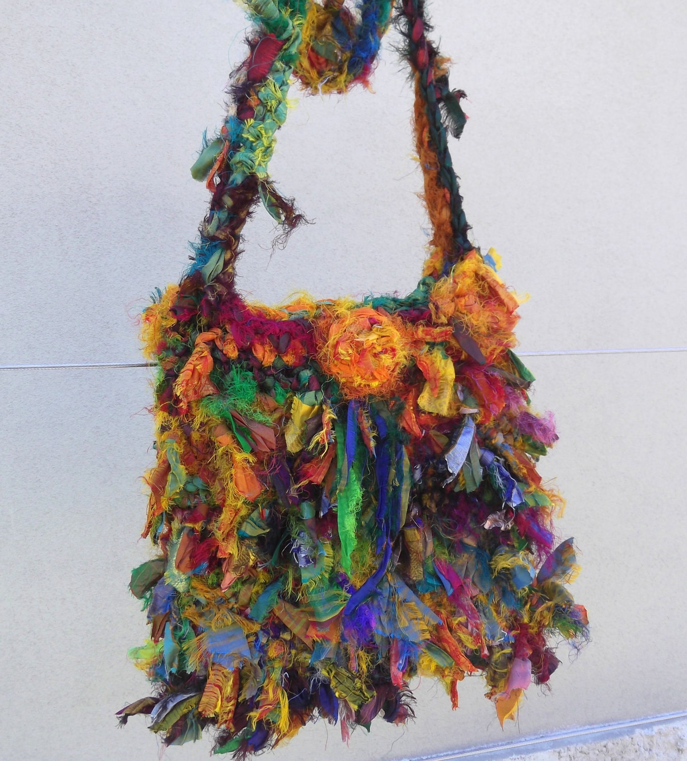 Recycled Sari Silk  Very Raggy Sunshine Rainbow Ribbon Bag  Hand Crocheted by plumfish