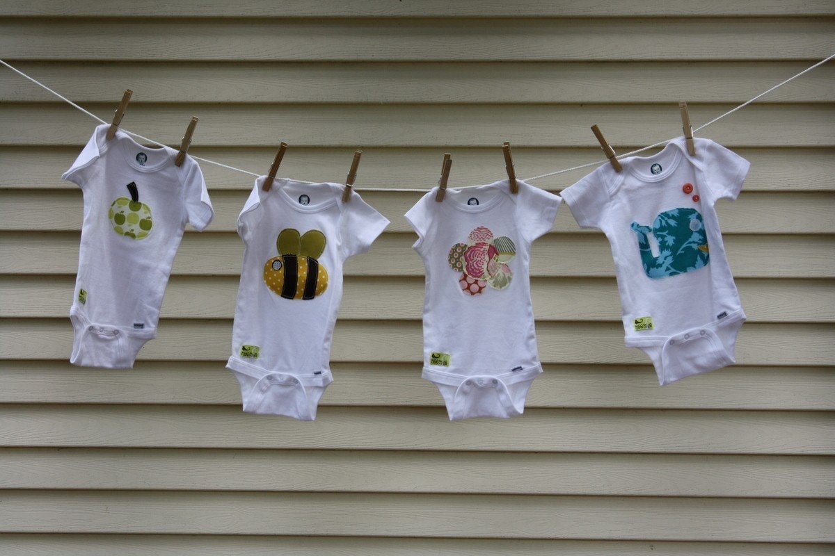 1 Applique Onesie of your choice... Bumble Bee, Flower, Whale, Apple, Mustache, Lips... Neemies