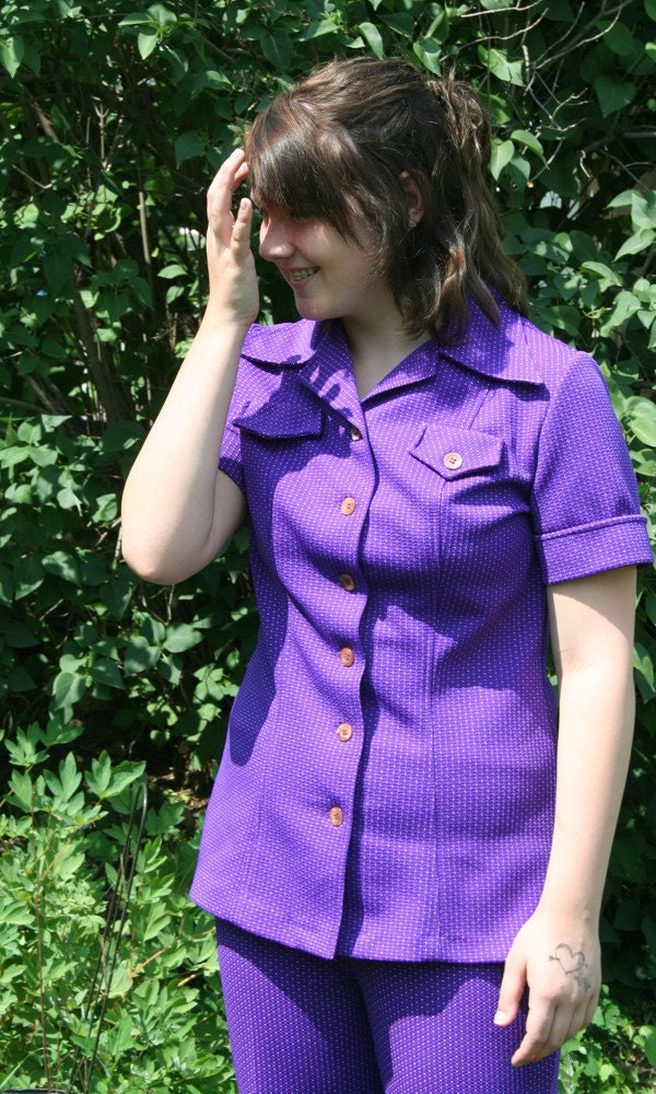 Vintage 1970s Purple Pantsuit Double Knit Polyester