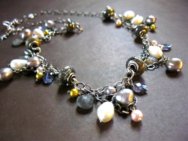 handmade glass beads. freshwater pearls. labradorite. iolite. oxidized sterling chain. danielle necklace