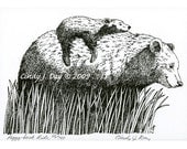 Momma Black Bear and Baby Bear Pen & Ink Print (8" x 10") "Piggy-back Ride"