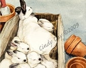 Bunny Rabbit and Babies Giclee Print "Box O' Bunnies"