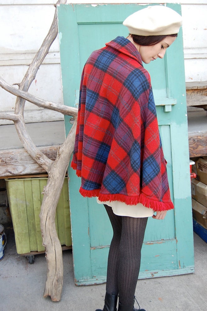 Vintage 60s Mod Plaid Schoolgirl Fringe Poncho Cape Coat