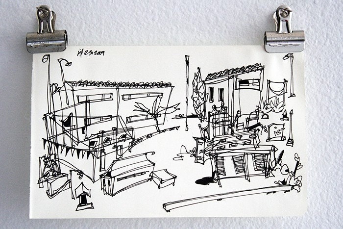 original ink drawing: "The Campus" bold black & white line art on Moleskine Notebook paper (5-1/8 x 8")
