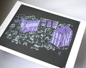 two Los Angeles city screen prints "Campo de Cahuenga" in day & night colors on recycled paper, set of 2