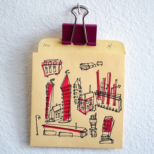 Mini Retro Cityscape - ink drawing on library book pocket (pink and black)