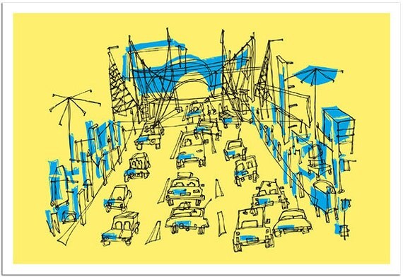 retro Los Angeles illustration cars print "Paradise City" yellow & blue limited edition (24x36")