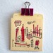 Mini Retro Cityscape - ink drawing on library book pocket (pink and black)