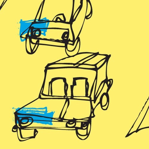 retro Los Angeles illustration cars print "Paradise City" yellow & blue limited edition (24x36")