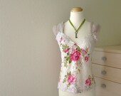 womens floral camisole top s/m . upcycled clothing bohemian prairie shabby chic jane austen shirt . eco friendly fashion . rose, ecru, olive