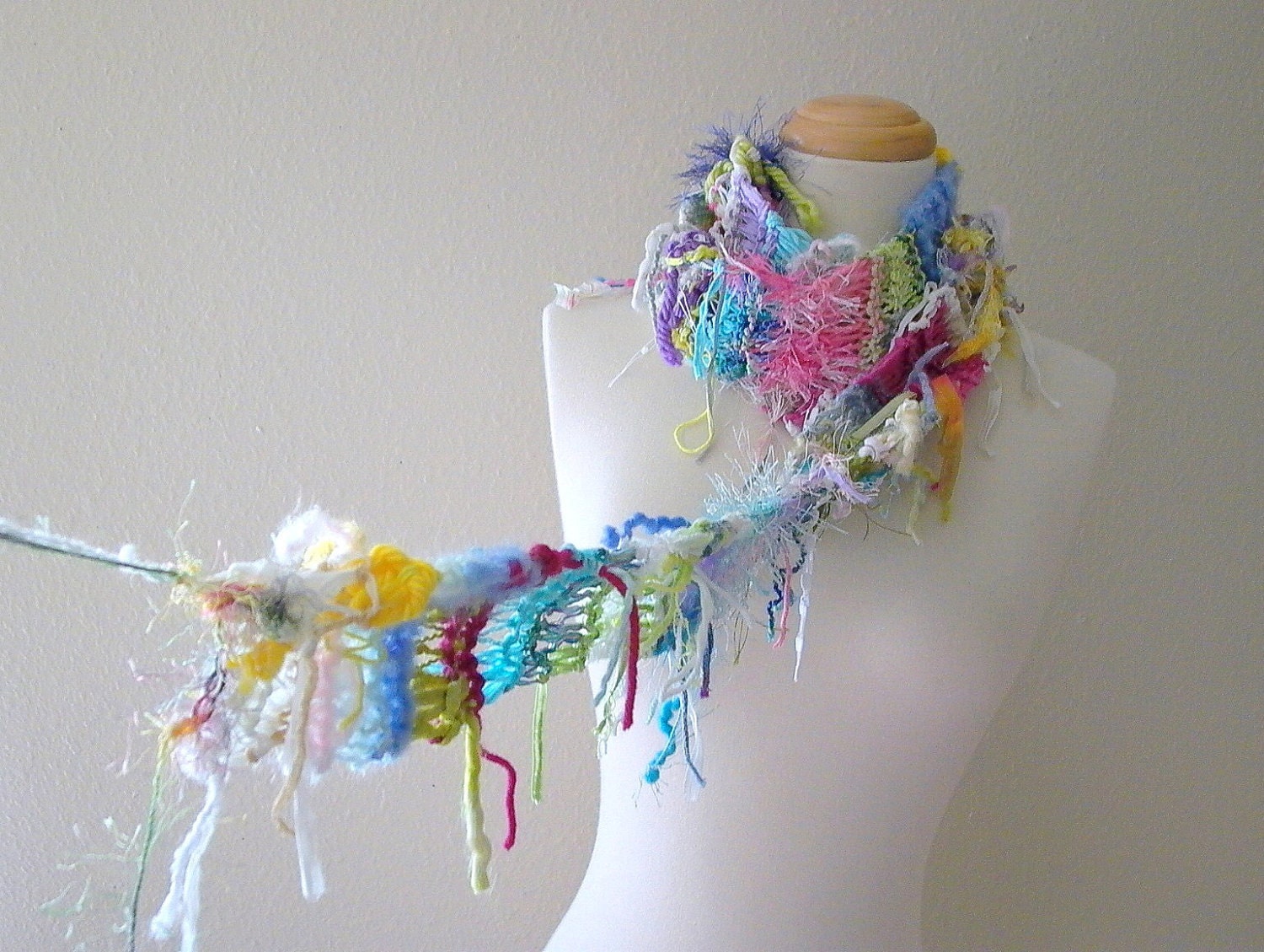 oh scrap. handknit scarf eco friendly bohemian gypsy recycled spring fashion boho accessories pastel rainbow wearable fiber art