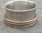 Floral Etched Spinner Ring Sterling Silver and Gold filled