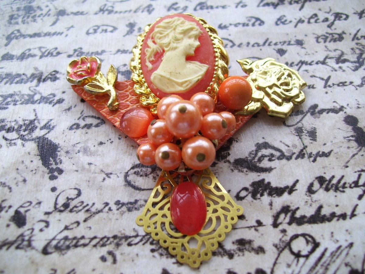 Coral cameo altered art brooch