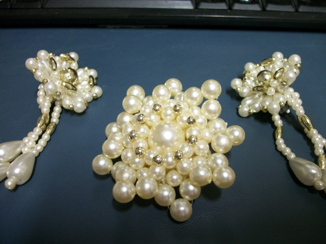 Vintage Large Faux Pearl Brooch and Ear Clips