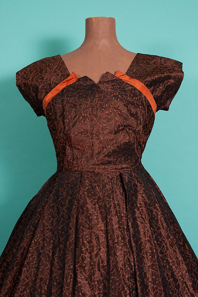 1950's Couture Petal Bust New Look Dress, Full Skirt, Copper Brown and Pumpkin, Holiday, 34-27-Free