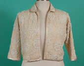 1940's Beaded and Sequined Ivory Sweater, Evening, Wedding, Holiday, Couture, Size M-L