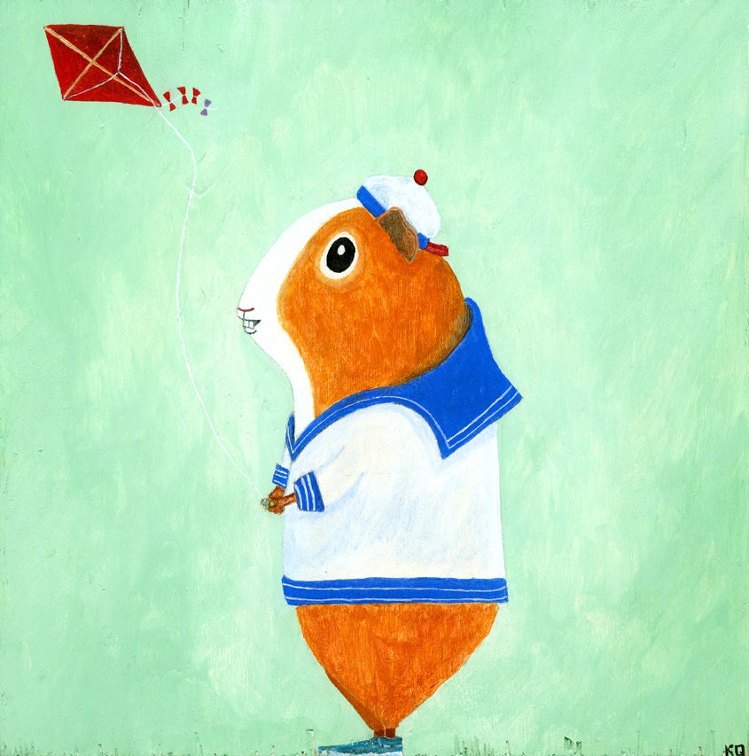 Guinea Pig Flying Kite 12"x12" acrylic and ink on wood