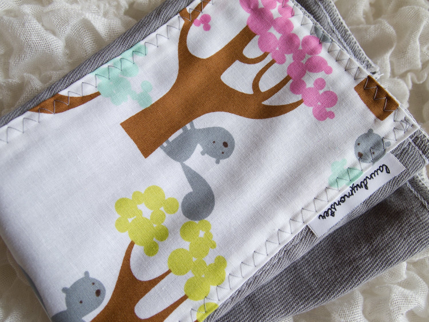Baby burp cloth - tree squirrels gray hand dyed burp cloth