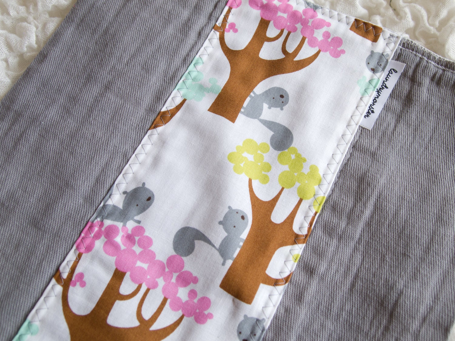 Baby burp cloth - tree squirrels gray hand dyed burp cloth
