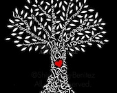 Handlettered Love Tree - Black and white with red heart