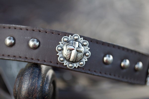 Heart and Soul Dog Collar, Brown Leather Collar, Concho Dog Collar, Leather Concho Collar