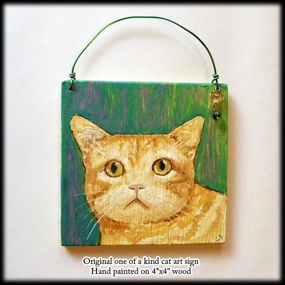 Orange Cat Art Original Painting on 4 Inch Wood Square