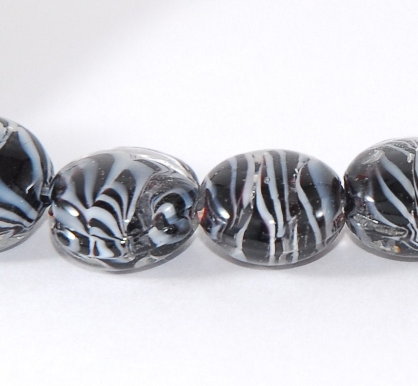 Jet and White Swirl 14mm Lampwork Glass Lentil  - 2 pieces (ST579)