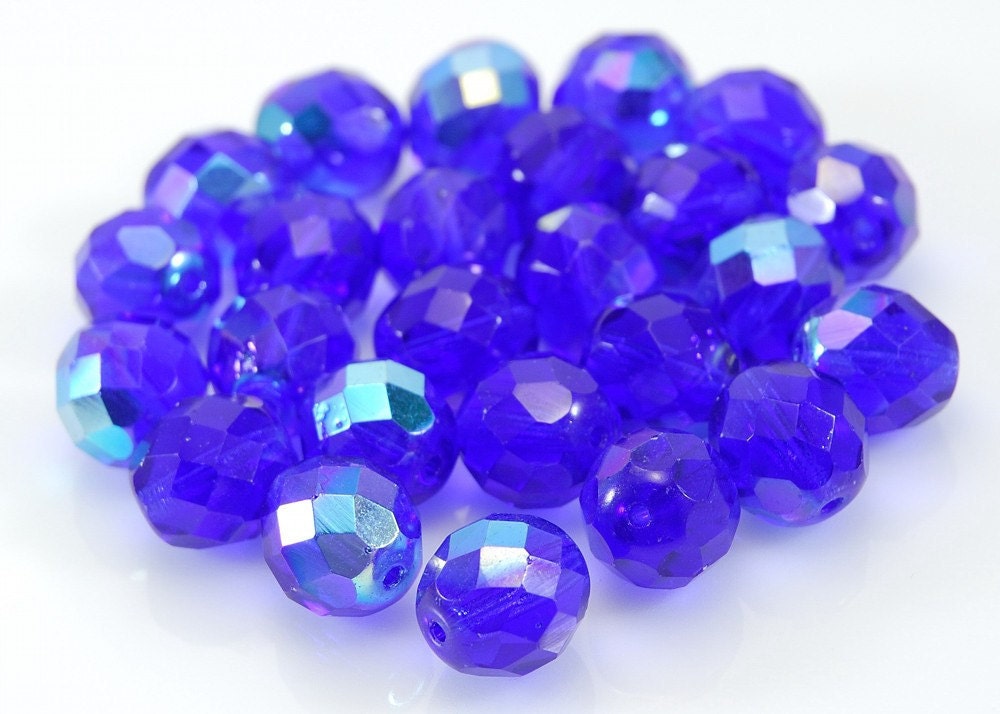 Czech Fire Polished Glass Bead Faceted Round 12mm Transparent Sapphire Blue AB  (ST263)
