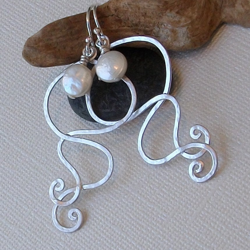 Ocean Wave Coin Pearl Silver Earrings, Long Silver Dangle Earrings