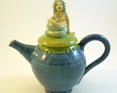 Teapot - Mermaid in Teal Blue, Chartreuse, Charming Spiky Tea Pot - SALE (was 140)
