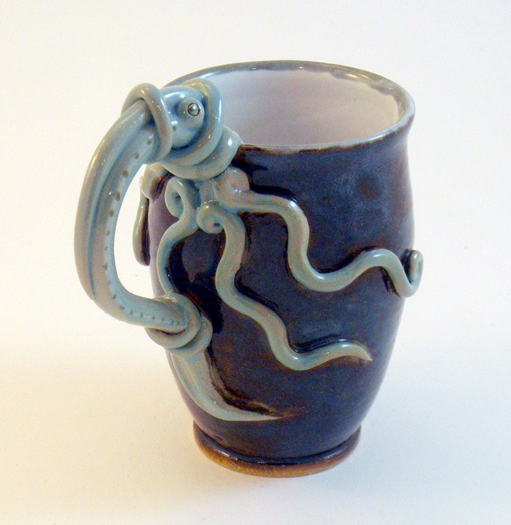 Squid Latte Mug- Inky Brown, Blue Octopus Stoneware