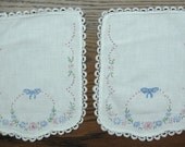 Two Linen Dresser Scarves Embroiderd Flowers and Bow Tatted Trim