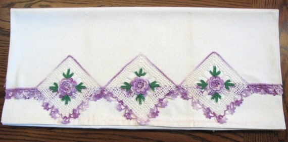 Cottage Style Crochet Pillowcase Set Purple Roses