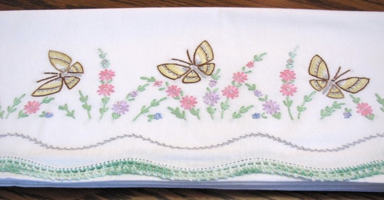 Pillowcase Set Embroidered Pink Flowers Yellow Butterflies