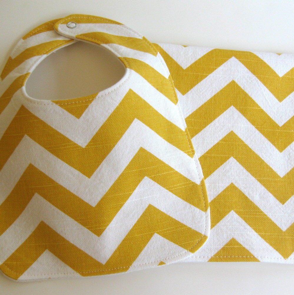 Baby Boy or Girl Bib & Burp Cloth Gift Set . Eco-Organic . Chevron Yellow