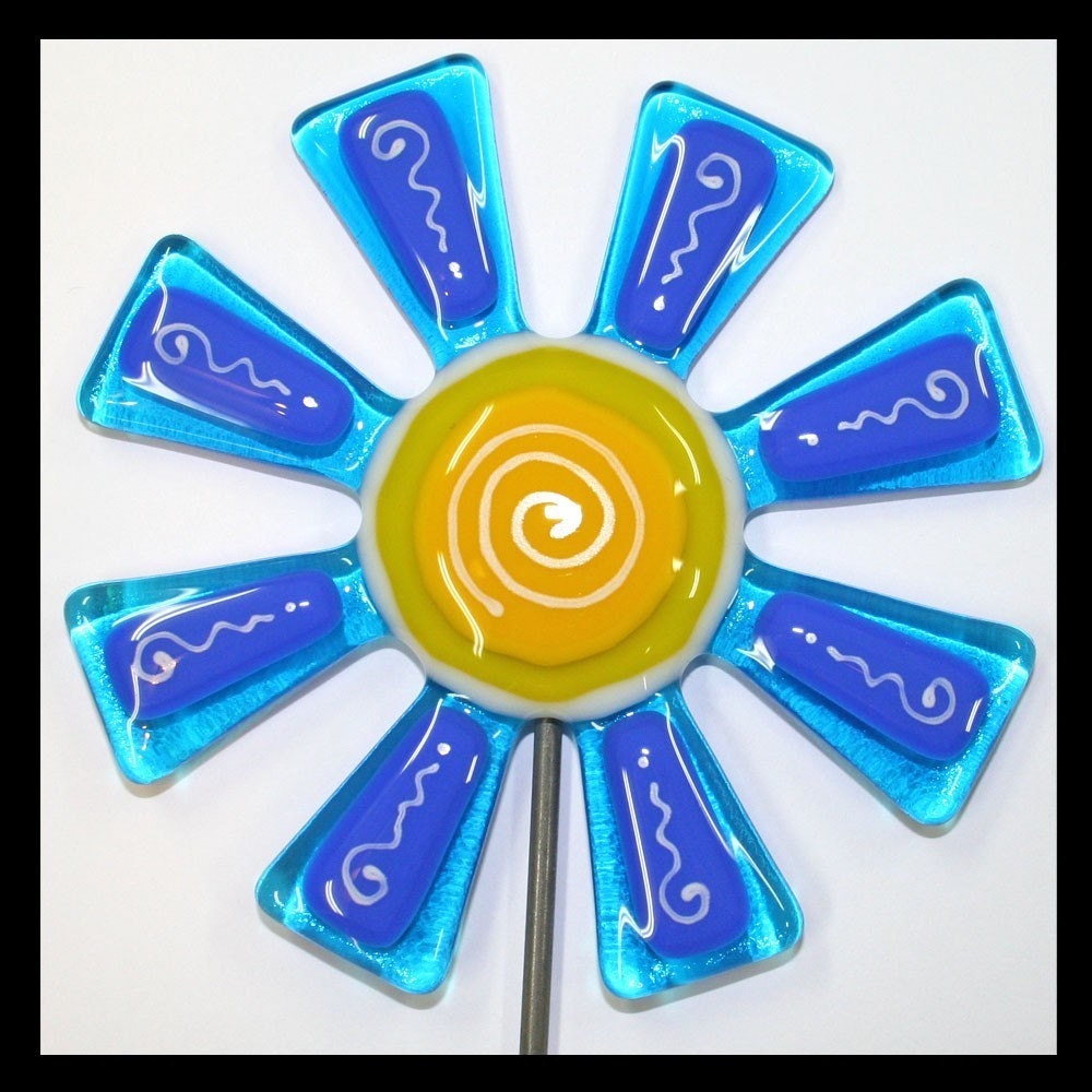 Glassworks Northwest - Brilliant Teal and Blue Flower Stake - Fused Glass Garden Art