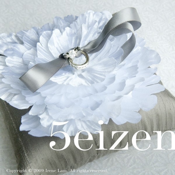 Emma Series I - White Bloom and Gray Dupioni Silk Ring Pillow (FREE SHIPPING)