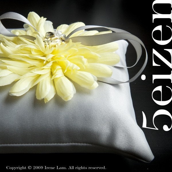 Nicole Series I- Yellow Bloom and Light Gray Satin Ring Pillow