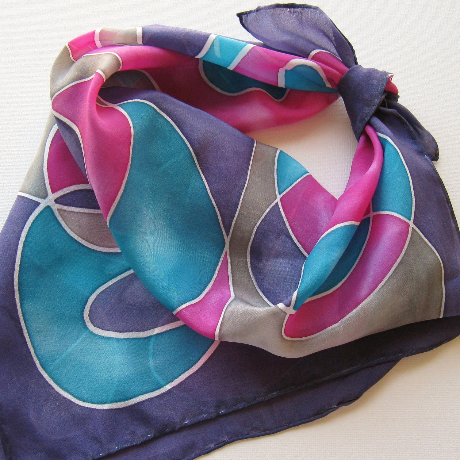 Silk Square Scarf - Disco - Hand Painted Ladies Scarves Bandana Navy Blue Magenta Pink Gray Teal Turquoise