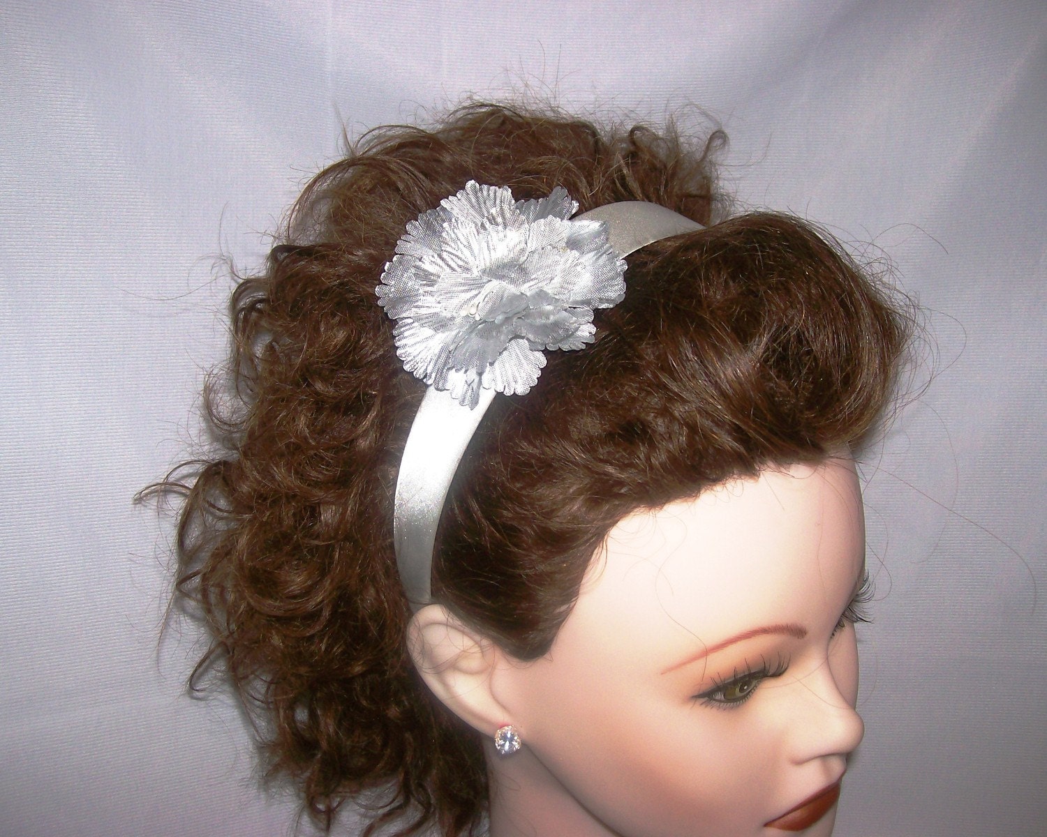 White Satin Headband with Silver Flower