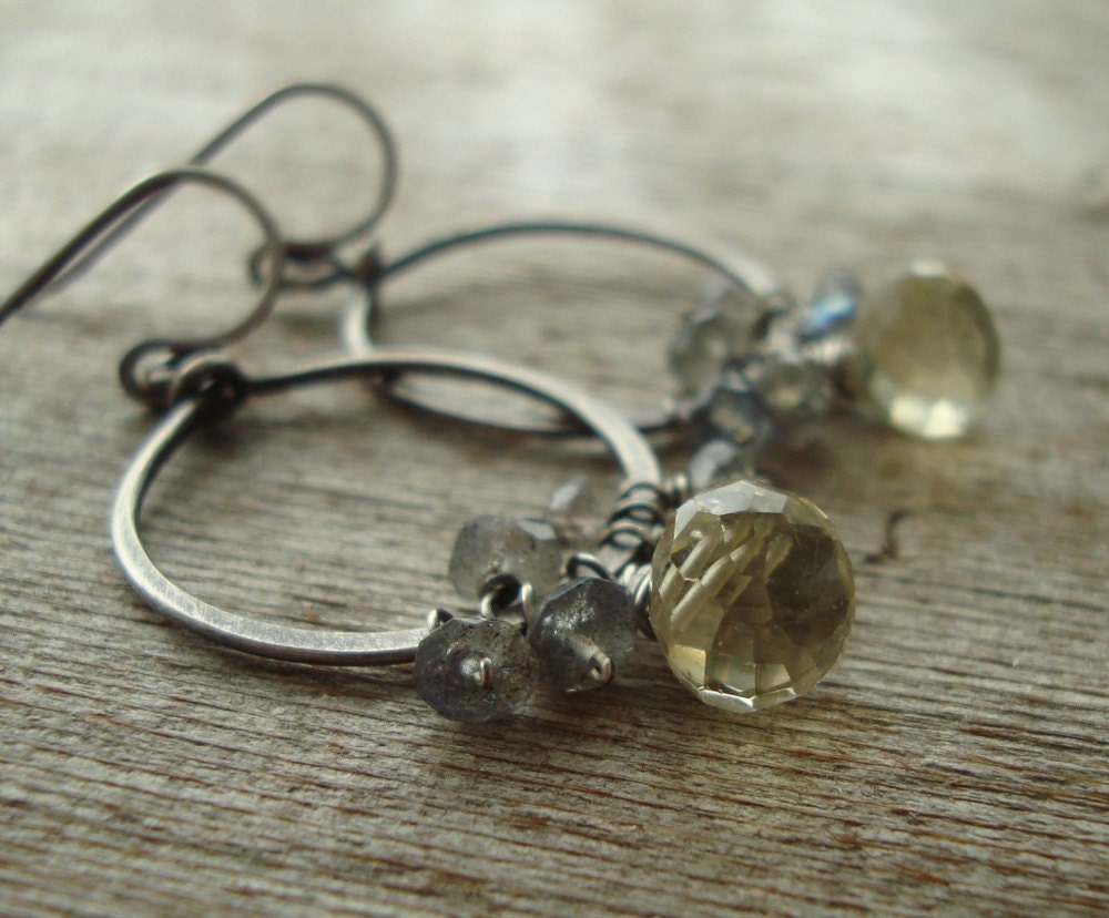 Gemstone Hoop Earrings - Oxidized Silver, Labradorite, Whiskey Quartz - shimmerjewels