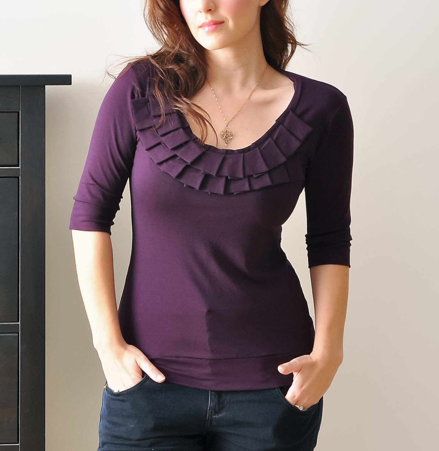 Purple Top, Womens Blouse With 3/4 Sleeves, Jersey Shirt,  Pleated Neckline