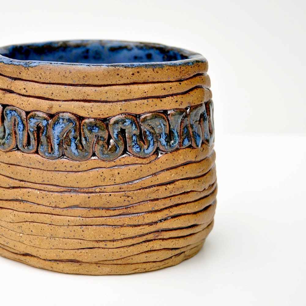 Oval Squiggle Flower Vase blue and speckle wabi sabi eclectic pottery planter